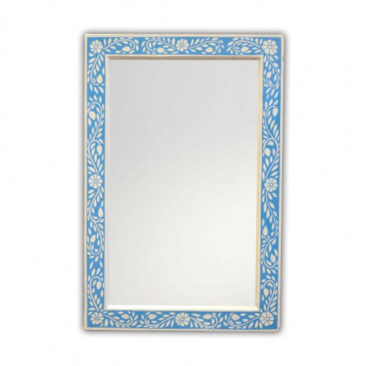 Floral Painted Reclaimed Wood Wall Mirror Frame Blue