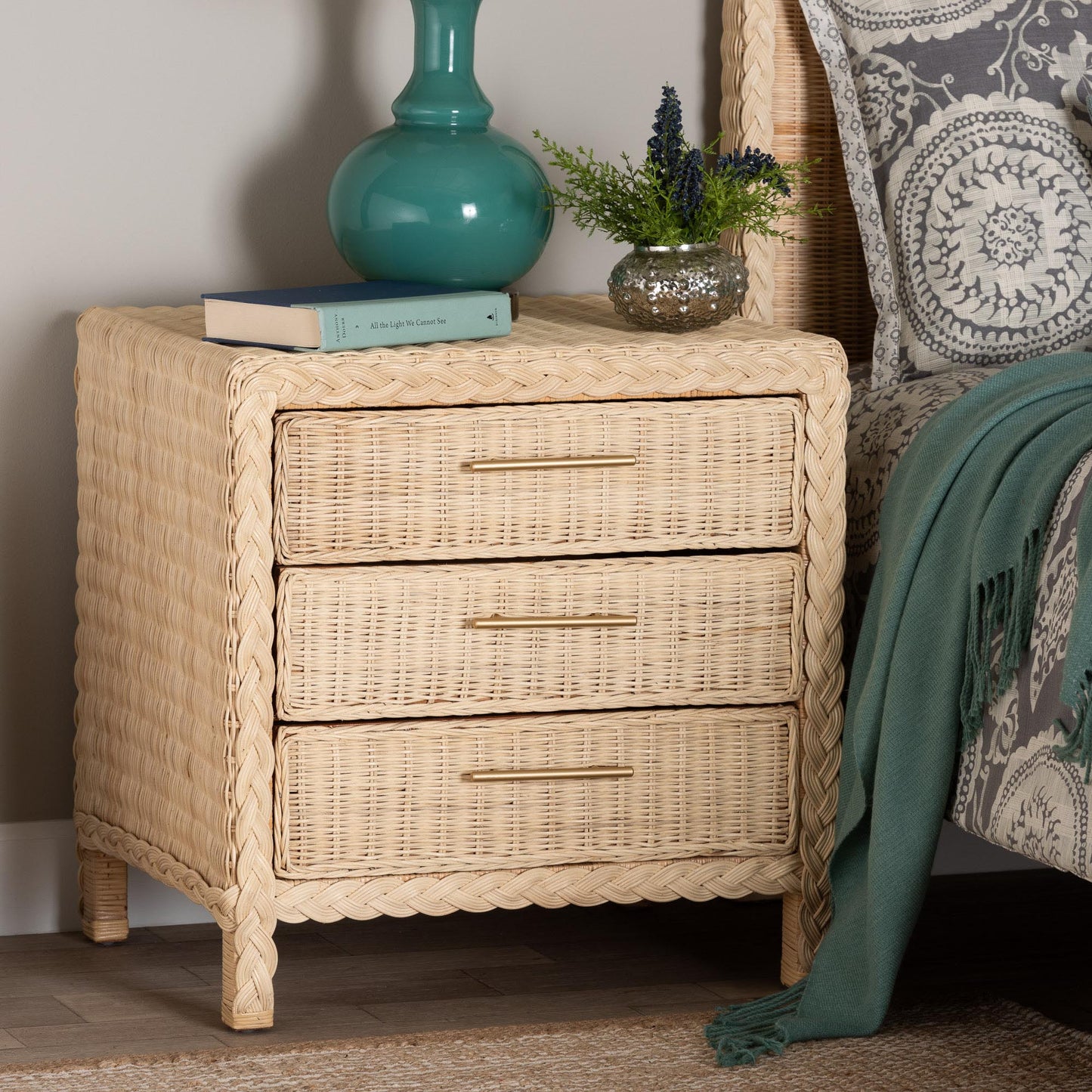 Calvin & Bay Unica Natural Rattan 3 Drawer Nightstand/ Bedside Table