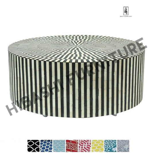 Bone Inlay Strip-Design Round Coffee Table