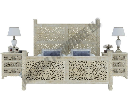 Floral Hand Carved Moroccan Style Flatform Bed