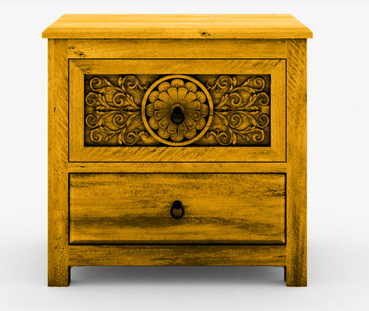 Dynasty Mughal Hand Carved Solid Wooden 2-Drawer Bedside / Nightstand