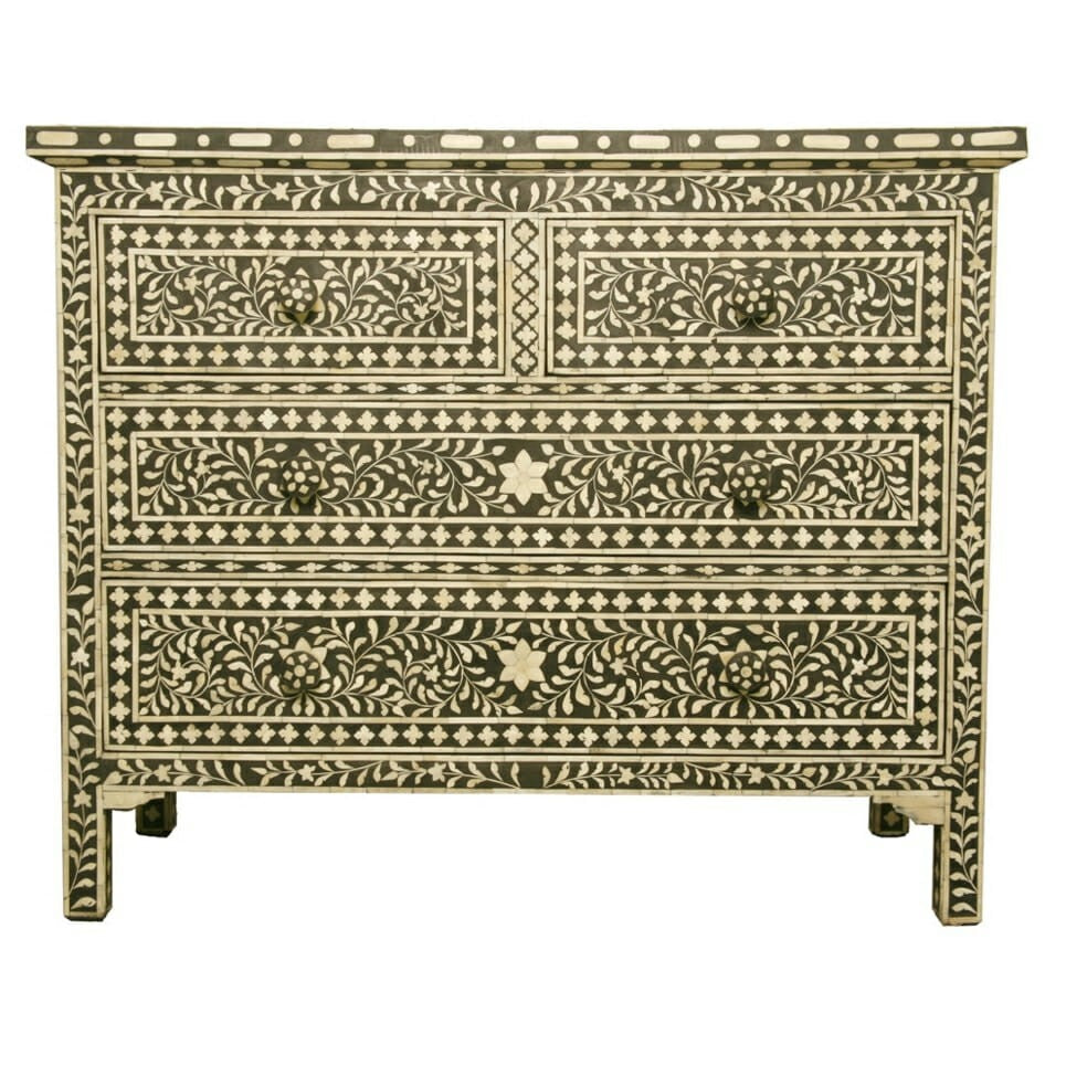 Floral Design Bone Inlay 4 Drawer Chest