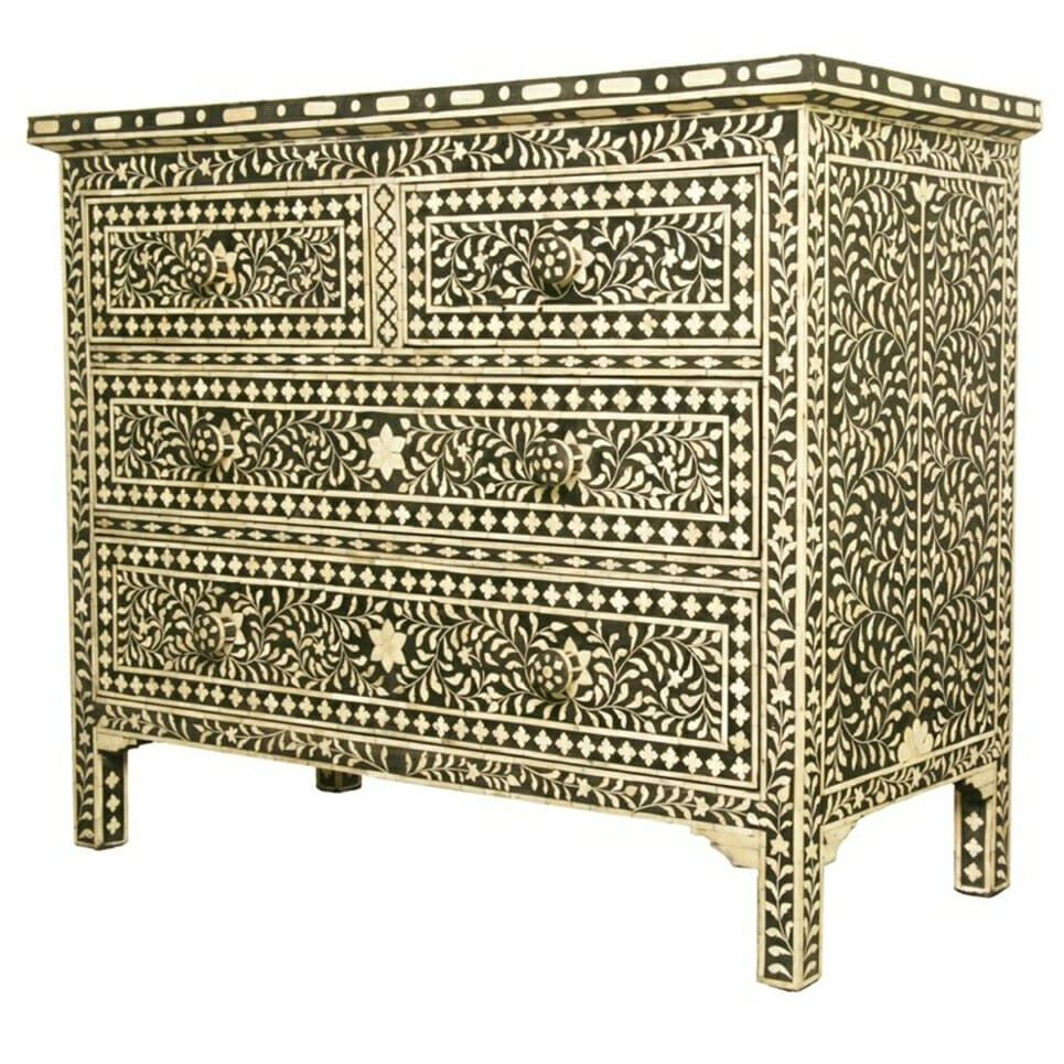 Floral Design Bone Inlay 4 Drawer Chest