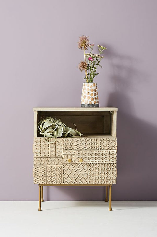 Mango Wood Bedside Table with Carved-Patchwork