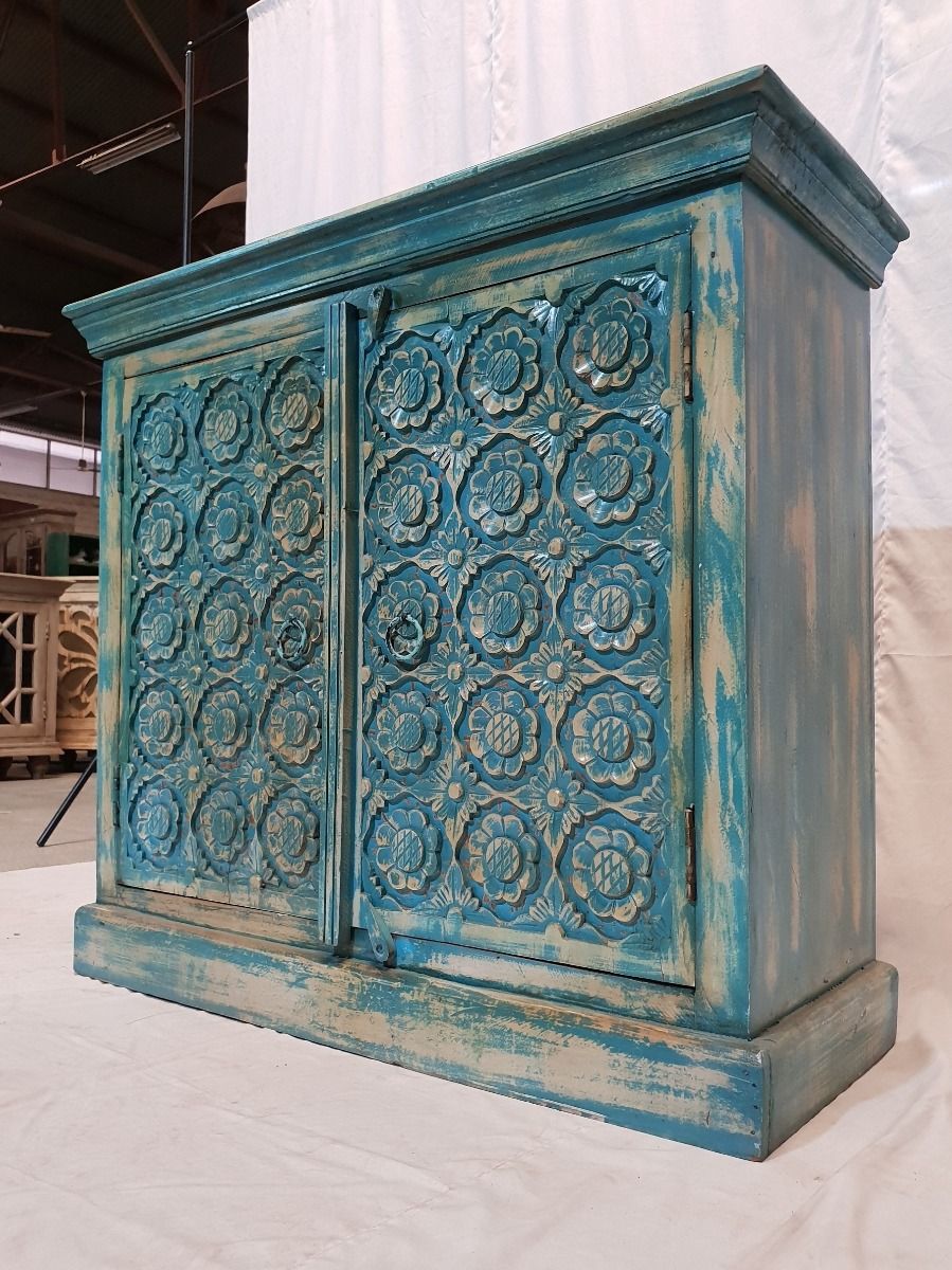 Indian hand carved floral small buffet sideboard storage cabinet