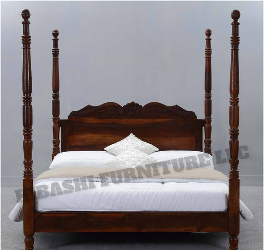 Solid Wood Four Poster Platform Bed Frame w Headboard