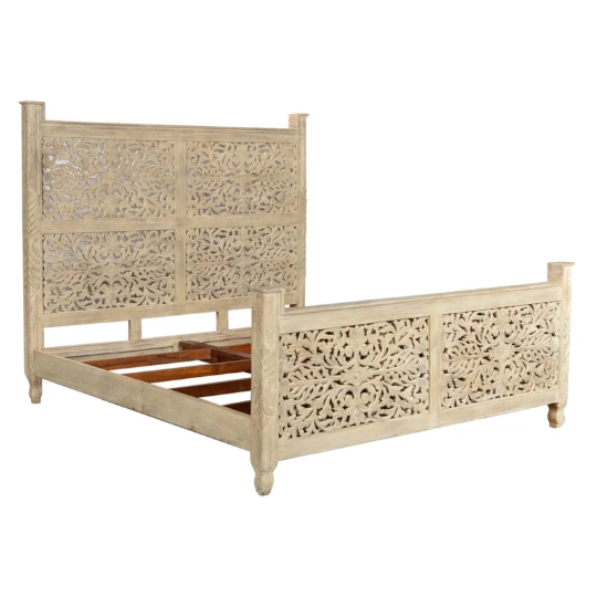 Peony Design Hand Carved Indian Solid Wooden Bed Frame King/Queen.