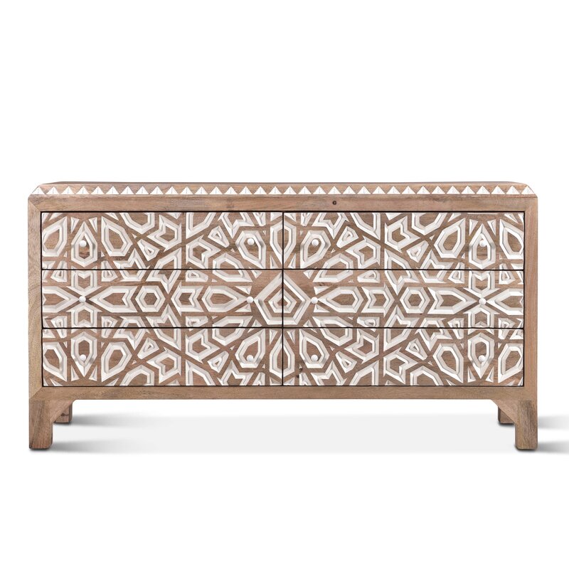 Mughal Garden Geometrical Hand Carved Natural 6 Drawers 2 Tone Dresser