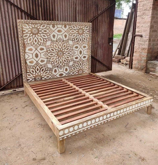 Mughal Garden Geometrical Carved Floral Natural 2 Tone Bed Frame