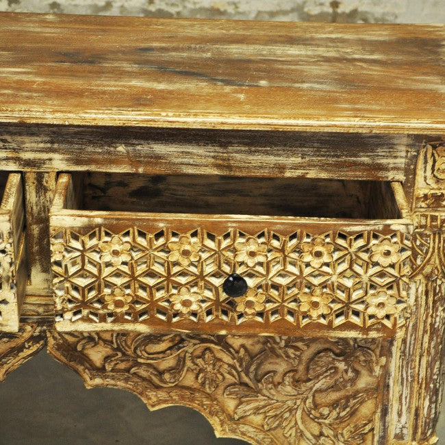 Mehrab Style Carved Console Table/Hall Table with Drawers - Cream Wash