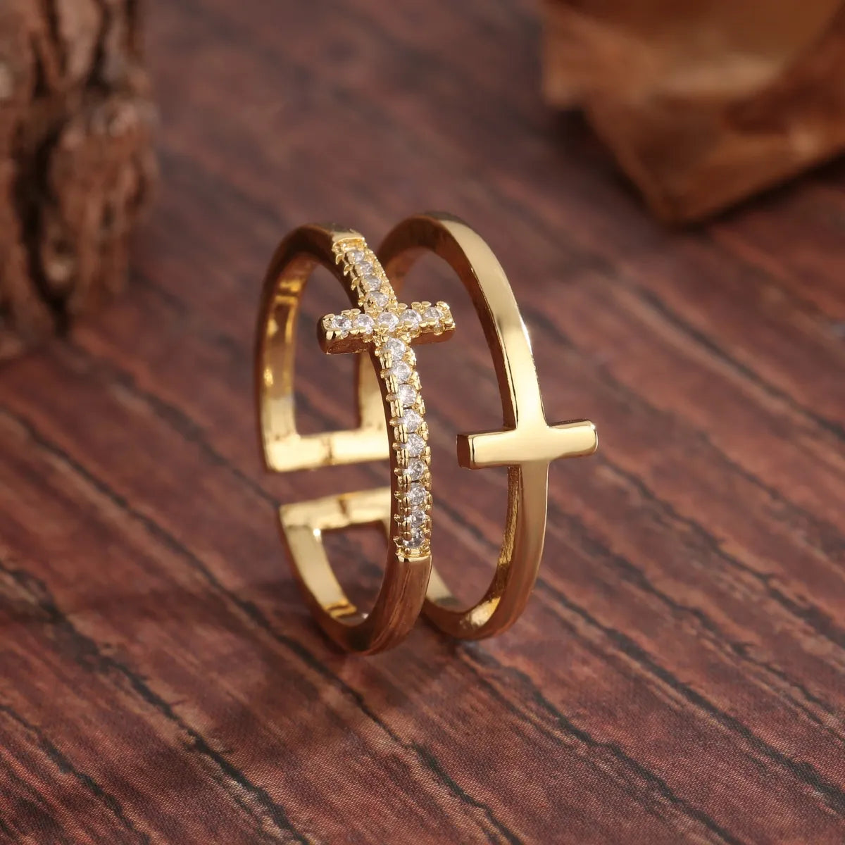 Luxurious Cross Cross Copper 18k Gold Plated Zircon Open Rings In Bulk