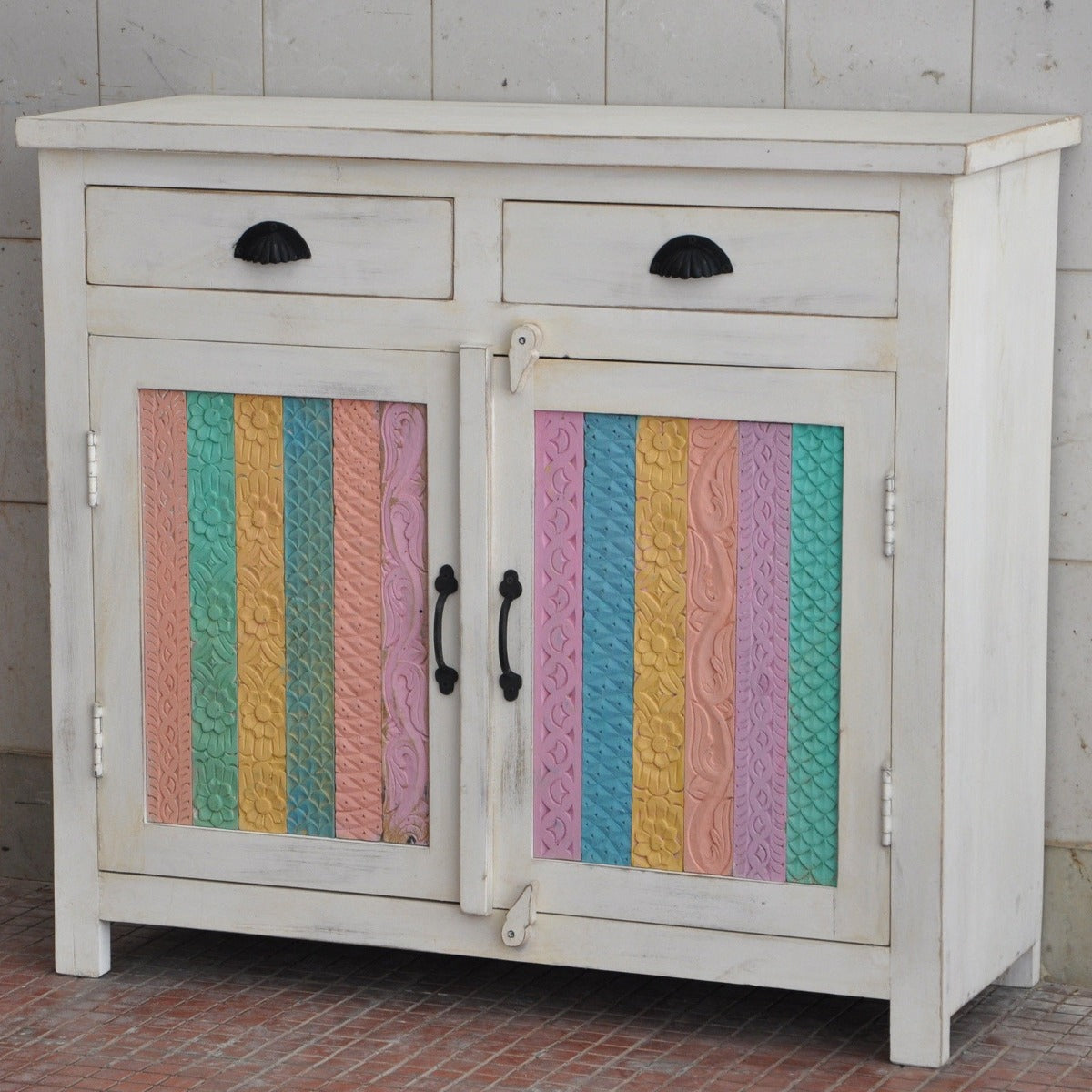 RAINBOW CARVED 2 DOOR WOODEN SIDEBOARD-White-100-40-90