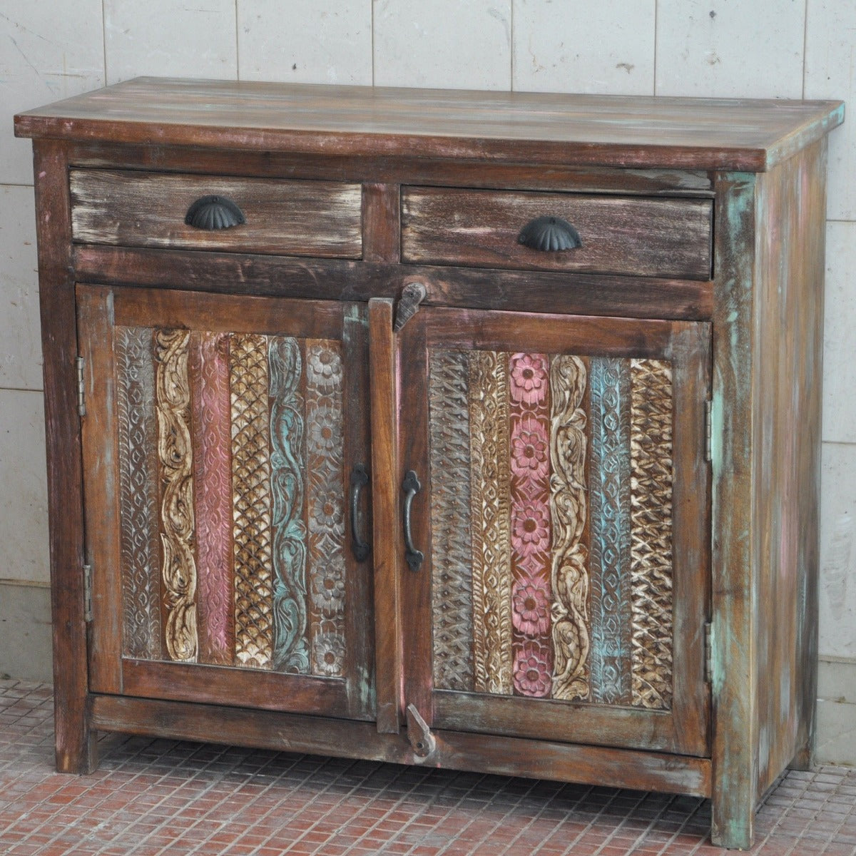 RAINBOW CARVED 2 DOOR WOODEN SIDEBOARD-Natural-100-40-90