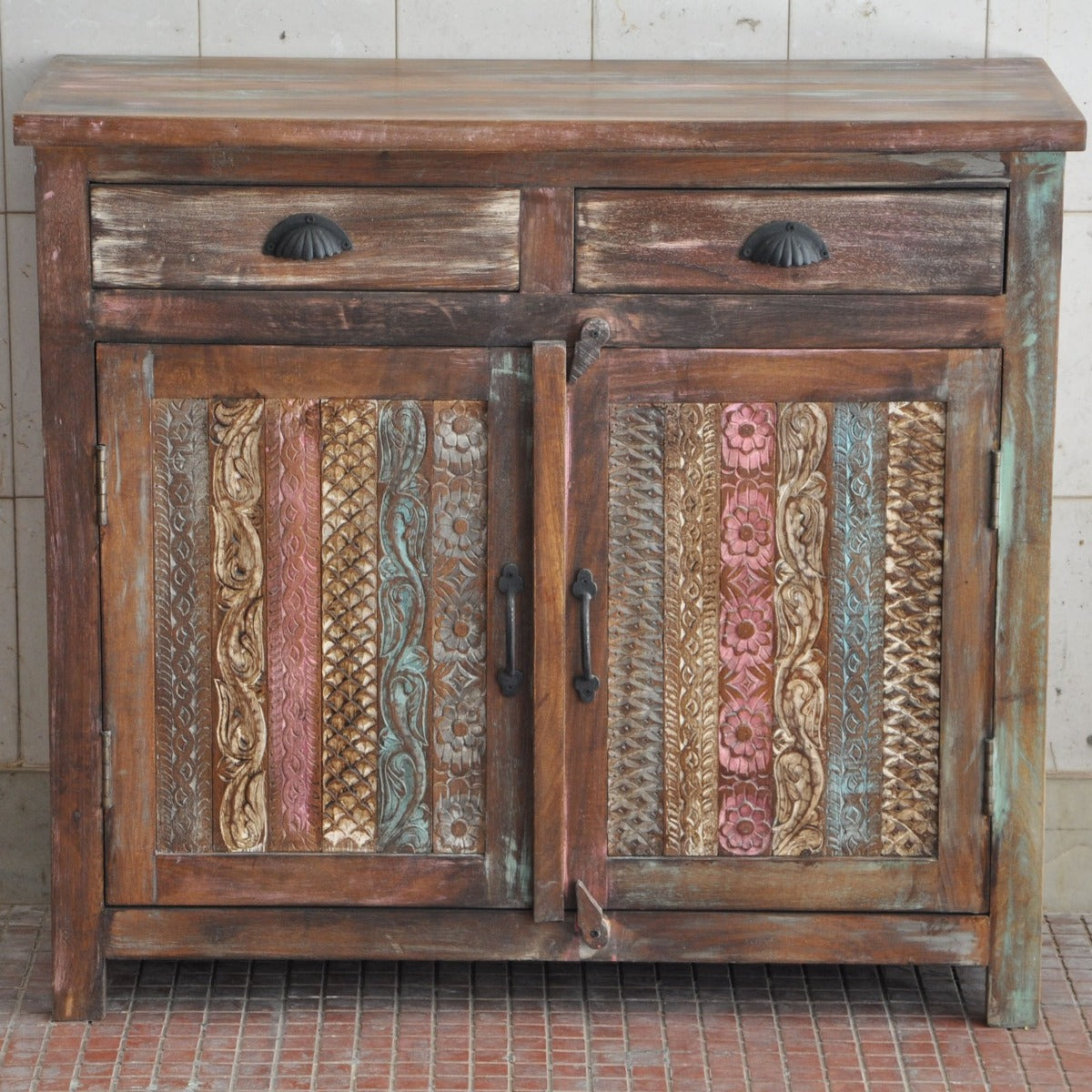 RAINBOW CARVED 2 DOOR WOODEN SIDEBOARD-Natural-100-40-90