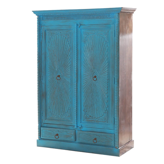 Guful Turquoise Hand Carved Solid Wood 2 Drawer Armoire